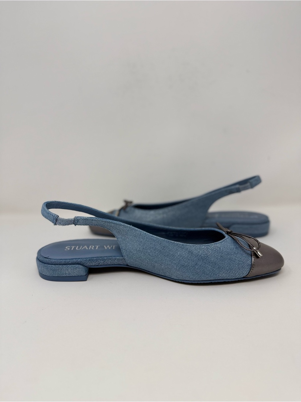 New Stuart Weitzman Sleek Bow Slingback Flat Metallic Denim Sz 7.5 - Picture 12 of 15